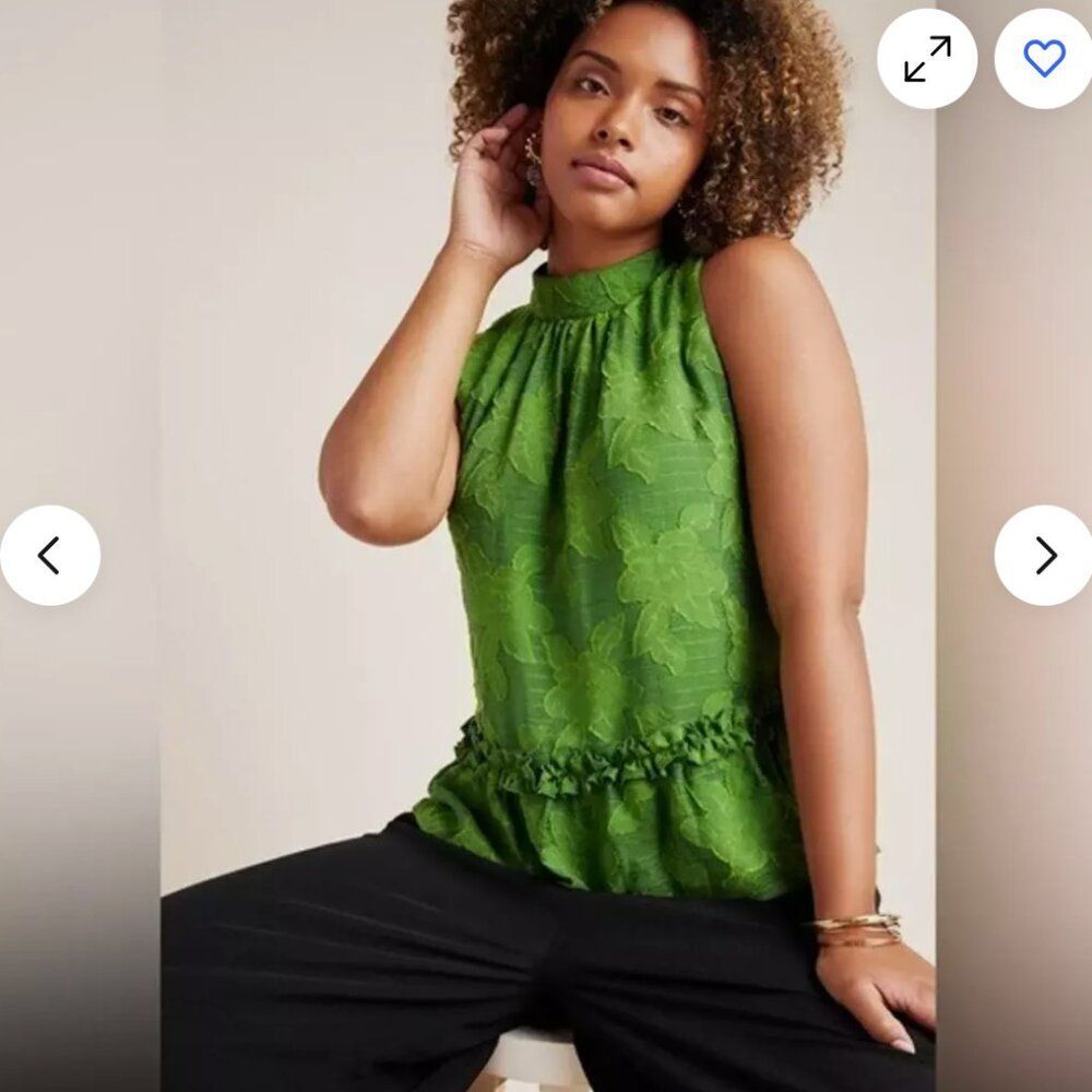 ANTHROPOLOGIE (Maeve) Savannah Peplum Textured Floral Blouse, Green, Size 4 - Picture 2 of 11